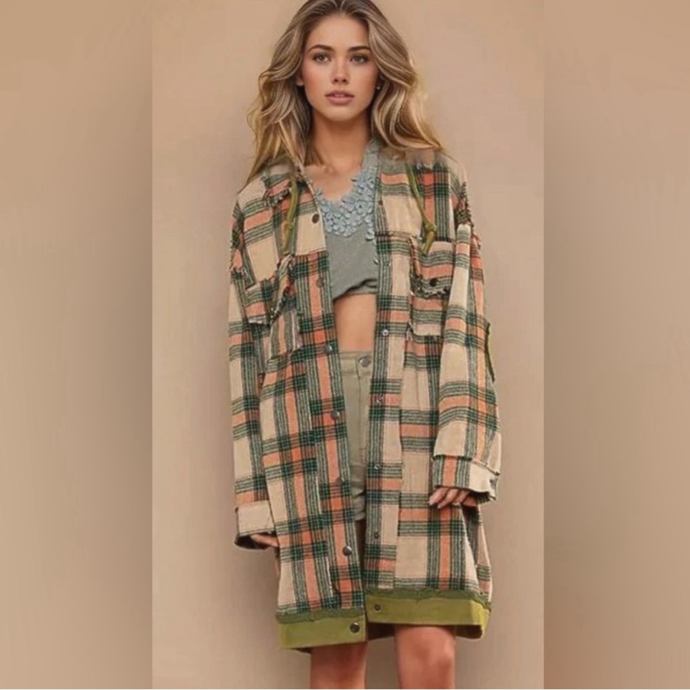 POL Hooded long plaid Shacket Green